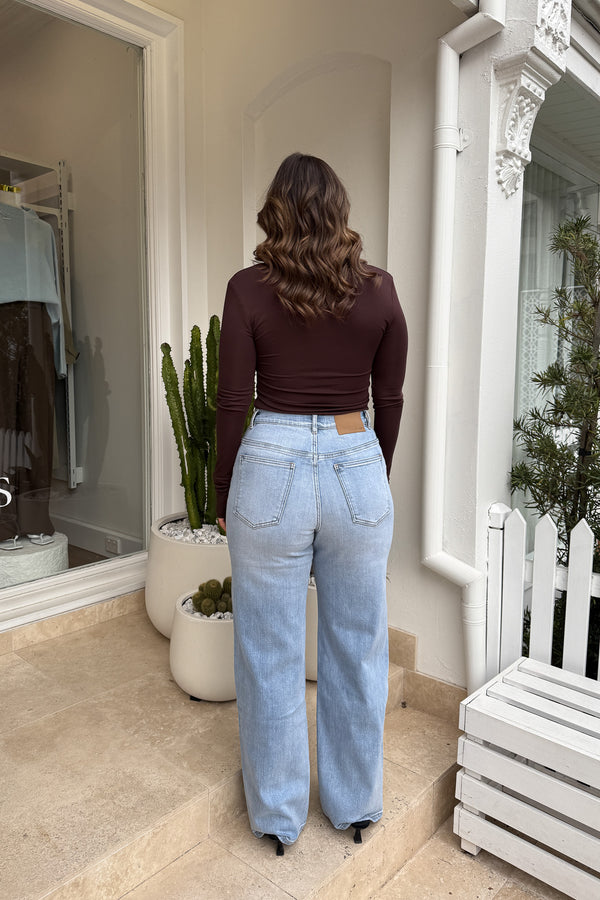 Haley Long Sleeve Top Chocolate by Sneaky Link — Soft, stretchy modal blend with long sleeves and a sexy low neckline. Perfect for night outs.