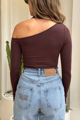 Issy Long Sleeve Top Chocolate by Sneaky Link – Luxurious modal-spandex blend with an off-shoulder neckline and built-in halter bra for support. Delicate fabric needs gentle care.