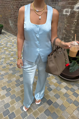 Maja Vest Blue by Sneaky Link – Trendy double-lined satin vest with a chic square neckline and adjustable drawstring back, perfect for polished day or night looks.