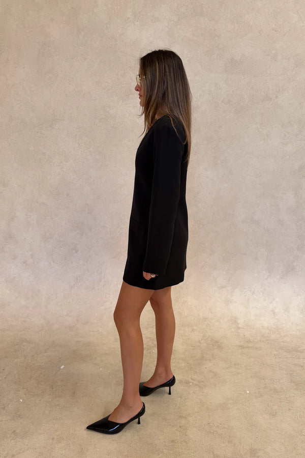 Jaz Suiting Long Sleeve Mini Dress Black by Sneaky Link, deep V mini dress with long sleeves, perfect for day to night styling