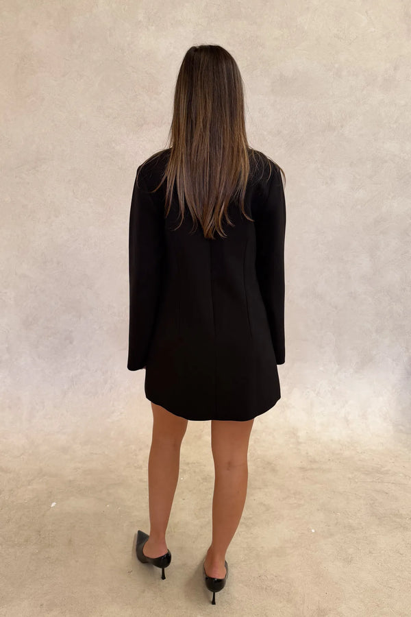 Jaz Suiting Long Sleeve Mini Dress Black by Sneaky Link, deep V mini dress with long sleeves, perfect for day to night styling