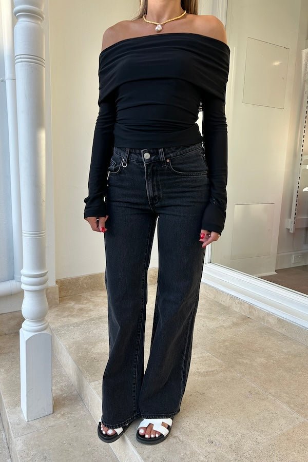 Eva Wide French Black by Neuw Denim, mid-rise tailored A-line with wide leg, flattering long 32” inseam, comfy stretch cotton, perfect for chic casual looks.