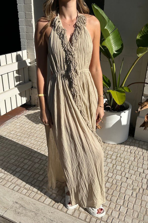 NEW Artemis Dress Sand by D'Artemide – Cotton halter dress with cutout, front split, cold hand wash, and delicate boho style.