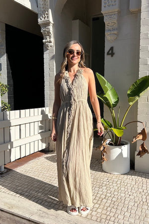 NEW Artemis Dress Sand by D'Artemide – Cotton halter dress with cutout, front split, cold hand wash, and delicate boho style.