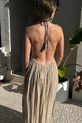 NEW Artemis Dress Sand by D'Artemide – Cotton halter dress with cutout, front split, cold hand wash, and delicate boho style.
