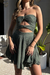 Mia Mini Dress Khaki by D'Artemide – Cotton mini with cutout detailing, cold hand wash, and boho-inspired Greek design.