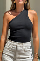 Jani Tank Black by Sneaky Link – Bold one-shoulder tank with cut-away back. A trendy, elegant piece perfect for day-to-night looks and viral style.