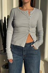 Cooper Long Sleeve Top Steel by Sneaky Link — Soft cotton-spandex blend with high scoop neck, long sleeves, and edgy off-centre snap buttons. Versatile layering essential.