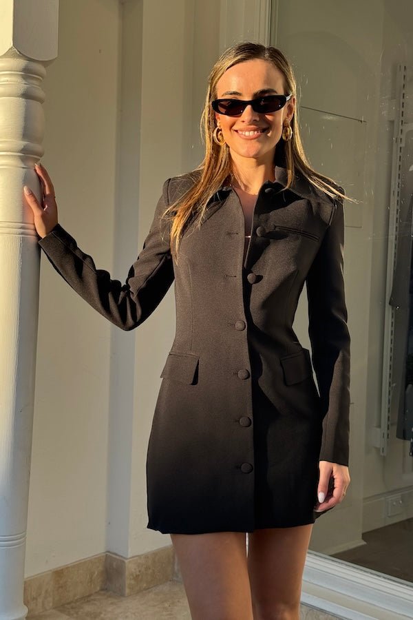 Ultimate Muse Structured Button Dress Black by Odd Muse — A modest, fitted dress featuring a button-down front, cinched waist, and rear zip for timeless elegance.