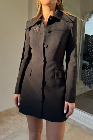 Ultimate Muse Structured Button Dress Black by Odd Muse — A modest, fitted dress featuring a button-down front, cinched waist, and rear zip for timeless elegance.