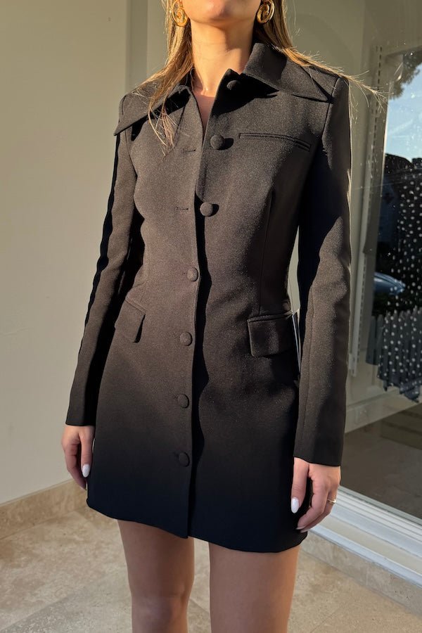 Ultimate Muse Structured Button Dress Black by Odd Muse — A modest, fitted dress featuring a button-down front, cinched waist, and rear zip for timeless elegance.