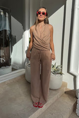 Almeria Pant Camel Stripe by Bec + Bridge, relaxed wide-leg with drawstring waist, breathable soft blend, perfect for casual or dressy days.