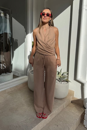 Almeria Pant Camel Stripe by Bec + Bridge, relaxed wide-leg with drawstring waist, breathable soft blend, perfect for casual or dressy days.