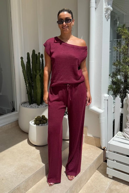 Knit Pants Plum by Summi Summi, relaxed and comfy with adjustable drawstring waist, made from breathable 100% linen, perfect for casual and lounging wear