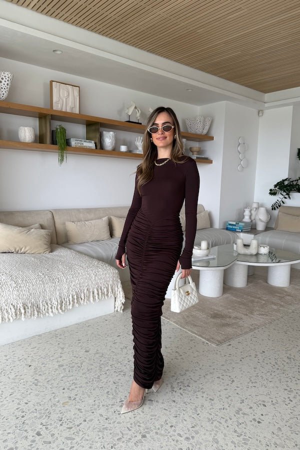 Caterina Midi Dress Chocolate by Sneaky Link – A sexy, cozy modal blend midi with ruched skirt and boat neckline, perfect for chic evening events and cooler nights.