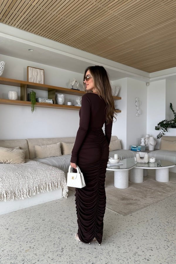 Caterina Midi Dress Chocolate by Sneaky Link – A sexy, cozy modal blend midi with ruched skirt and boat neckline, perfect for chic evening events and cooler nights.