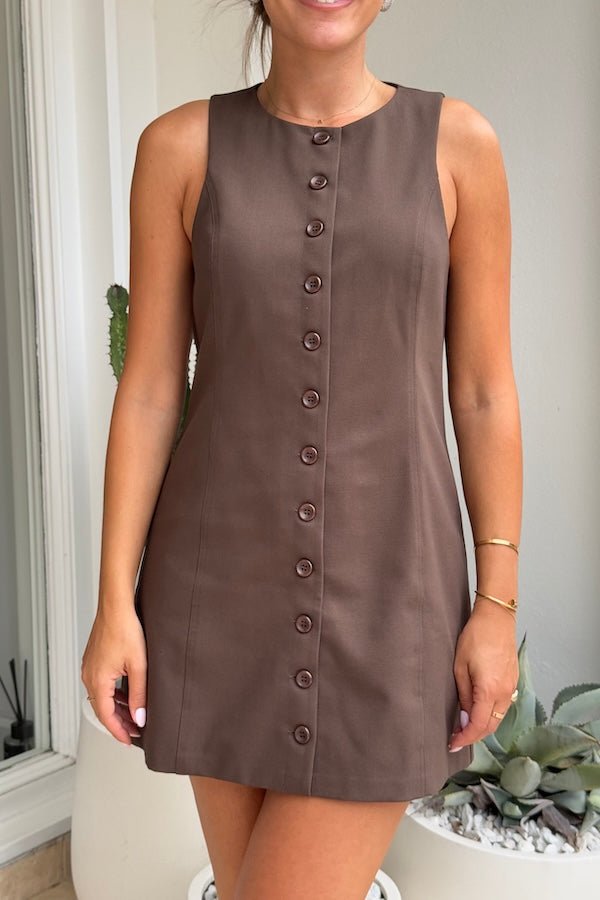 Kate Mini Dress Cocoa by Sneaky Link – A trendy and polished mini dress crafted from luxe suiting fabric, featuring a high scoop neckline and flattering A-line silhouette, perfect for brunch, work, or casual chic outings.
