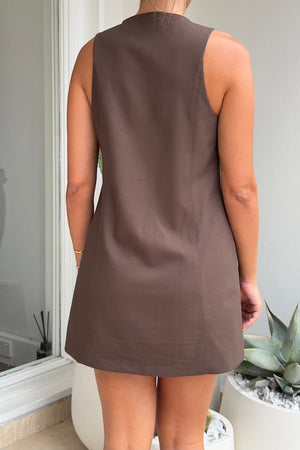 Kate Mini Dress Cocoa by Sneaky Link – A trendy and polished mini dress crafted from luxe suiting fabric, featuring a high scoop neckline and flattering A-line silhouette, perfect for brunch, work, or casual chic outings.