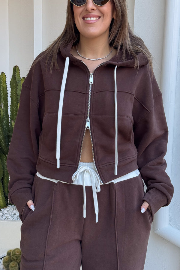 Terry Zip Hoodie Chocolate by Sneaky Link, made from 100% cotton with a relaxed fit, full zip, and easy care. Perfect for everyday casual wear.