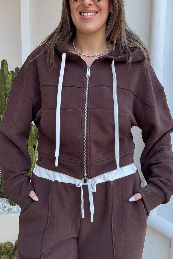 Terry Zip Hoodie Chocolate by Sneaky Link, made from 100% cotton with a relaxed fit, full zip, and easy care. Perfect for everyday casual wear.