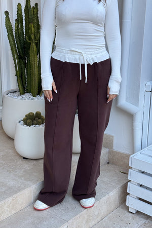 Terry Sweat Pant Chocolate Brown by Sneaky Link, wide-leg cotton sweatpant with contrast waistband and seams for laid-back streetwear style