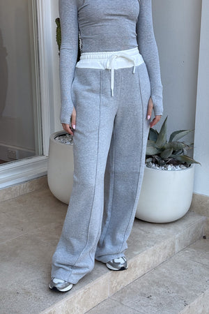 Terry Sweat Pant Grey by Sneaky Link, wide-leg cotton pant with contrast waistband and seam detail for elevated, off-duty comfort.