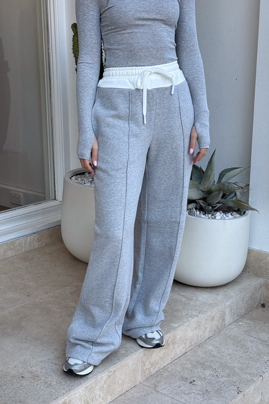 Terry Sweat Pant Grey by Sneaky Link, wide-leg cotton pant with contrast waistband and seam detail for elevated, off-duty comfort.