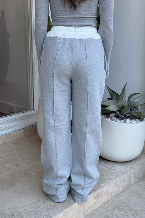 Terry Sweat Pant Grey by Sneaky Link, wide-leg cotton pant with contrast waistband and seam detail for elevated, off-duty comfort.