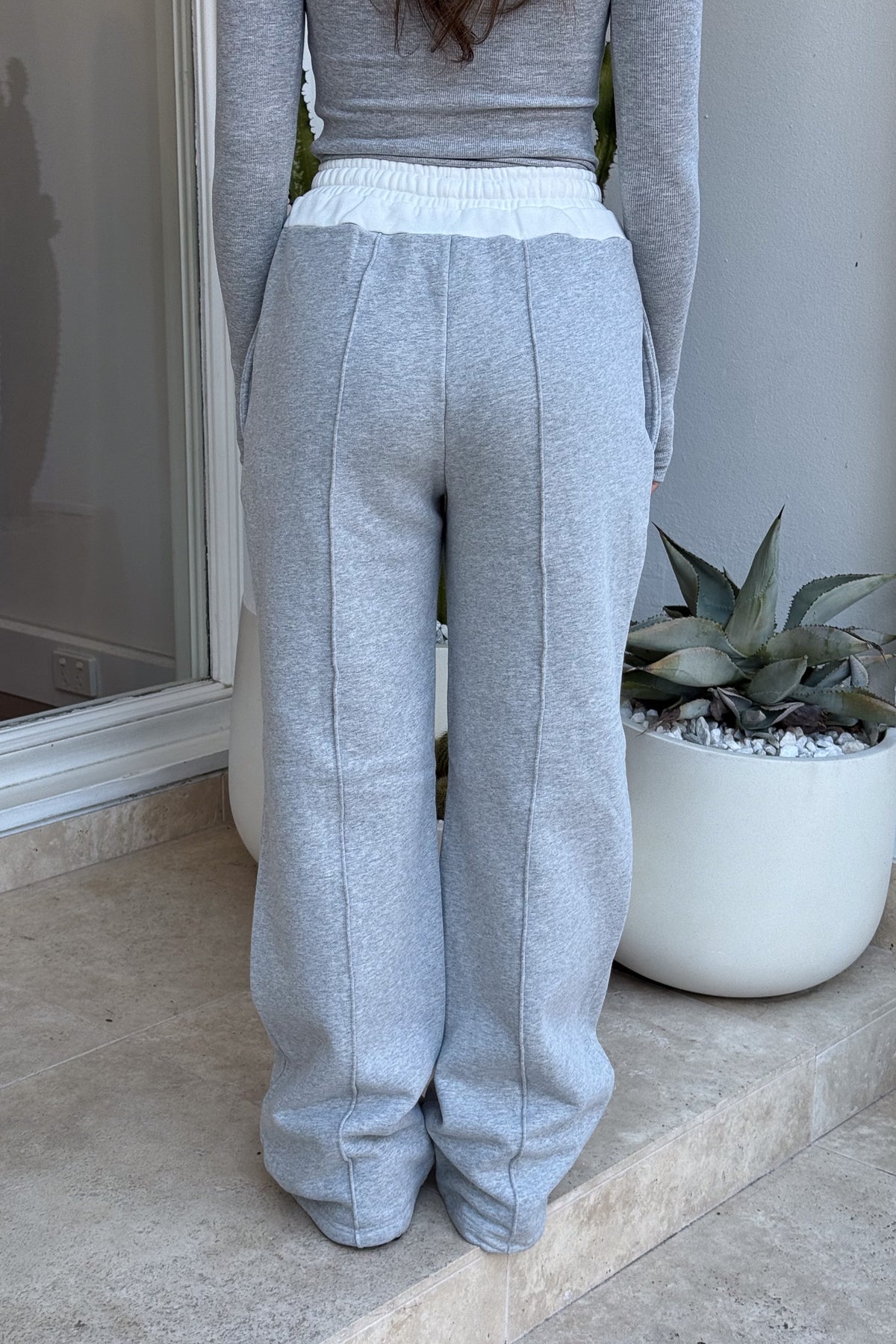 Terry Sweat Pant Grey by Sneaky Link, wide-leg cotton pant with contrast waistband and seam detail for elevated, off-duty comfort.