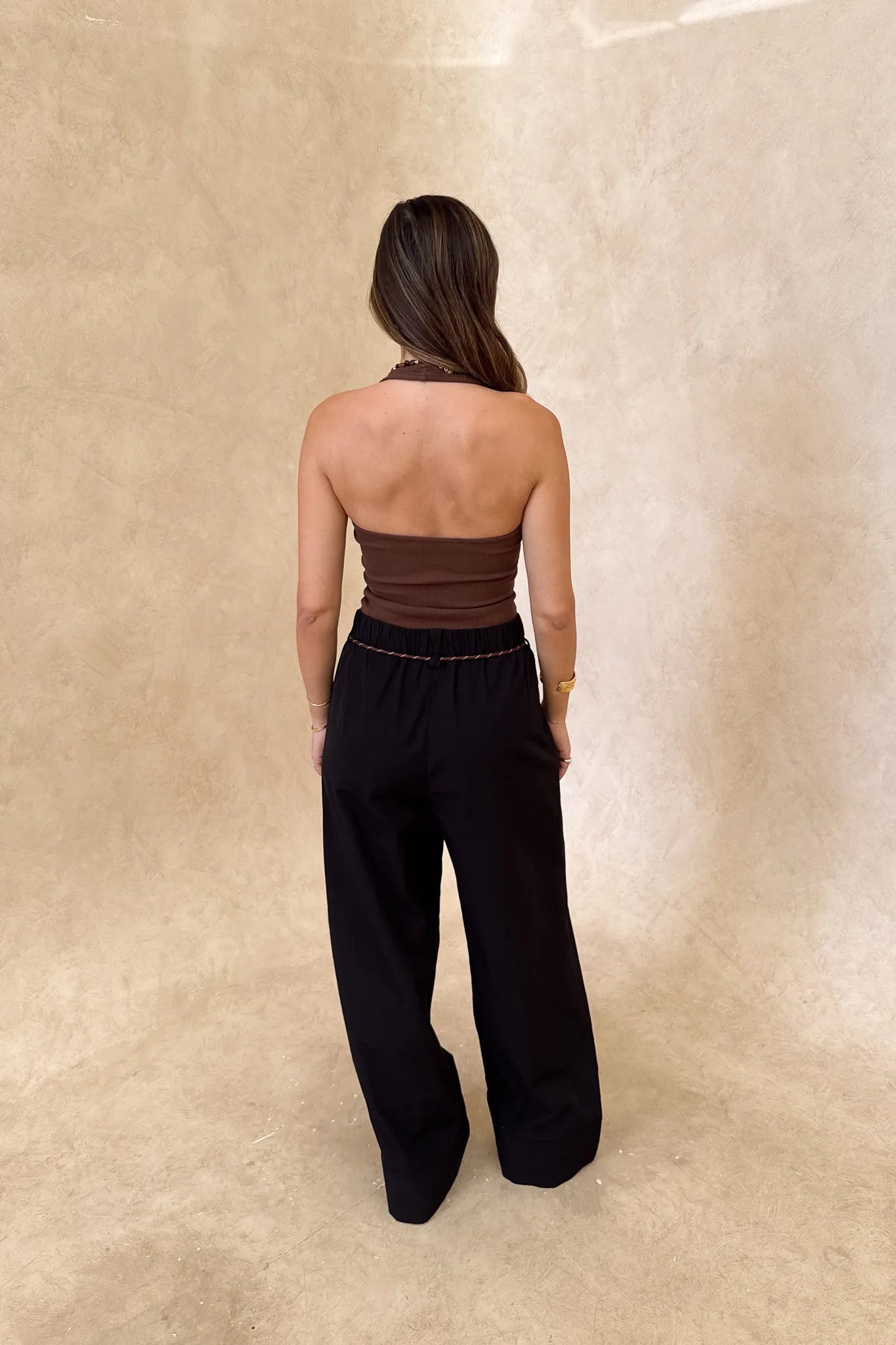 Jaz Hand Halter Tank Chocolate by Sneaky Link, a sculpted halter silhouette with stretch cotton fit. Perfect for everyday summer layering.
