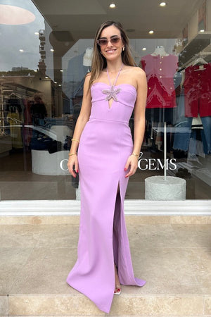 Chantara Halter Gown Lilac by Rebecca Vallance – Crepe midi with halter neck, starfish applique, fitted bodice & back split.