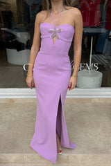 Chantara Halter Gown Lilac by Rebecca Vallance – Crepe midi with halter neck, starfish applique, fitted bodice & back split.