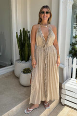 NEW Artemis Dress Sand by D'Artemide – Cotton halter dress with cutout, front split, cold hand wash, and delicate boho style.