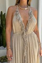 NEW Artemis Dress Sand by D'Artemide – Cotton halter dress with cutout, front split, cold hand wash, and delicate boho style.