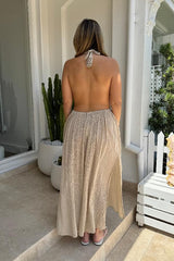 NEW Artemis Dress Sand by D'Artemide – Cotton halter dress with cutout, front split, cold hand wash, and delicate boho style.