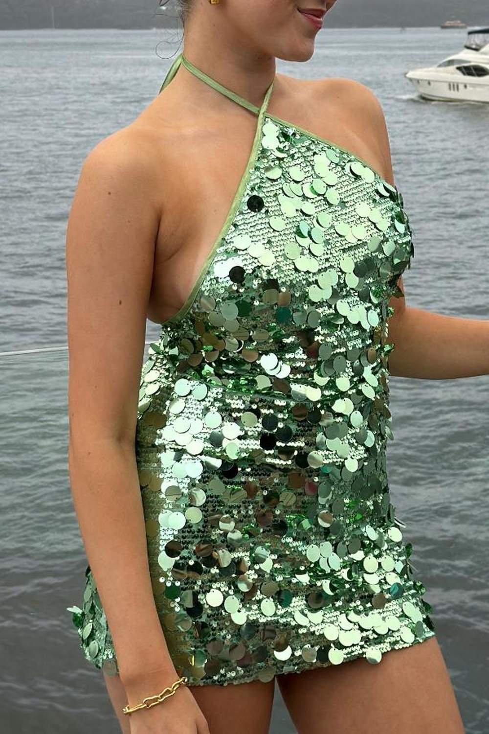 green sequin halter top