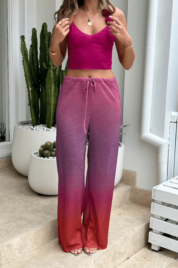Lumiere Shade Pants Sunset by Oséree, elegant straight-fit pants with a metallic finish, perfect for stylish day-to-night looks and special events