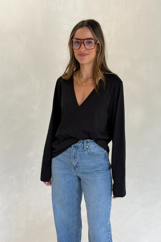 Carter V Neck Long Sleeve Top Black