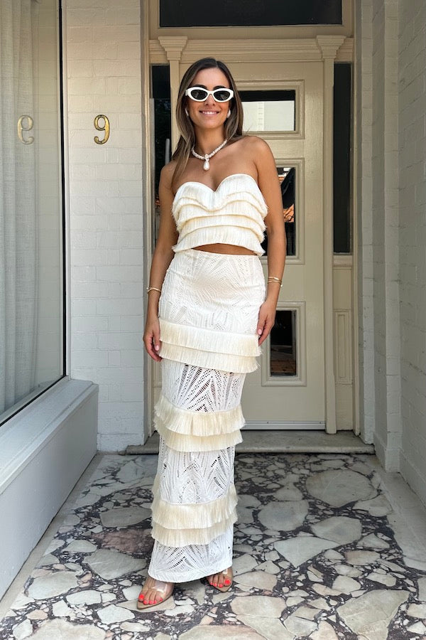 PatBo | Fringe Trim Lace Maxi Skirt Ivory | Girls With Gems