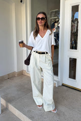 Tailored Pinstripe Pant in Butter by Sneaky Link, wide-leg vintage-inspired pant with soft drape and structured waistband.