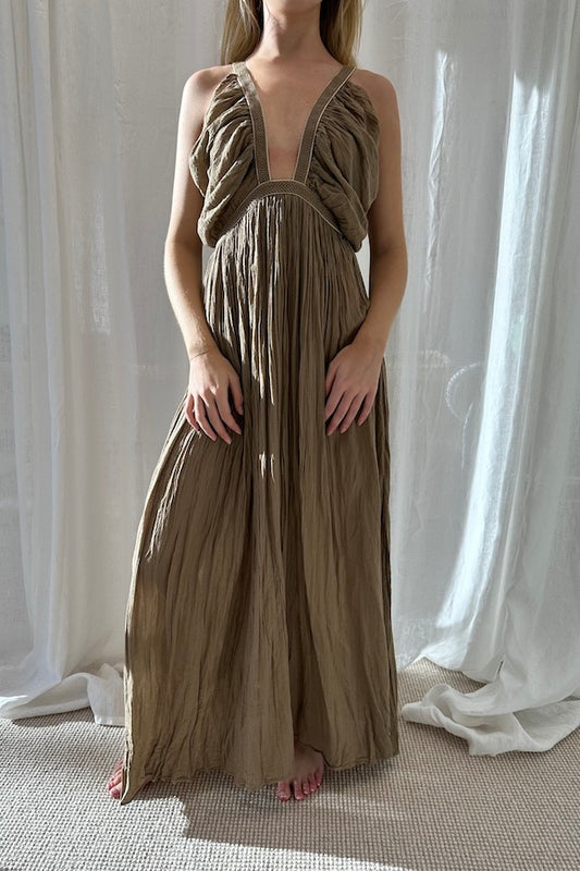 Alka Dress Mocha by D'Artemide – One-size cotton dress with tape detail, crafted for timeless shape and soft feminine edge.