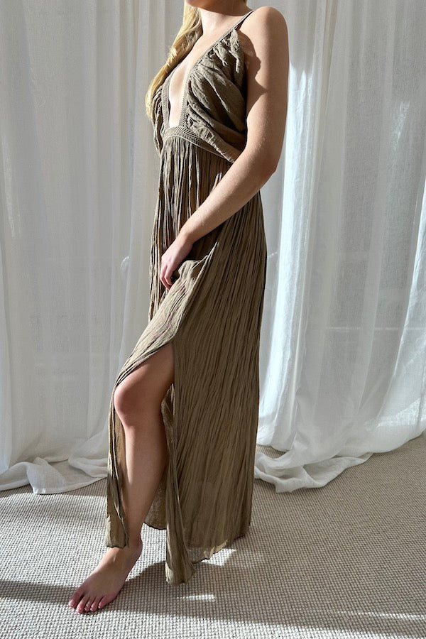 Alka Dress Mocha by D'Artemide – One-size cotton dress with tape detail, crafted for timeless shape and soft feminine edge.