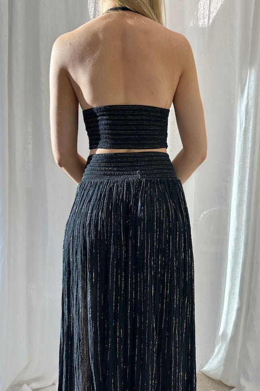 Penelope Top Black/Gold by D'Artemide, elegant cotton halter neck with rope detailing and ruched back, a viral choice for trendy evening and casual wear.