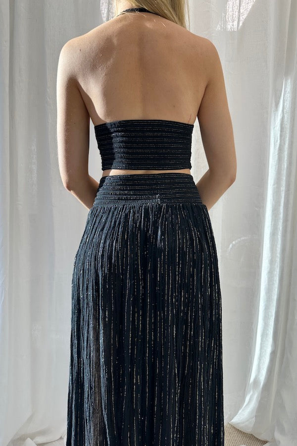 Penelope Top Black/Gold by D'Artemide, elegant cotton halter neck with rope detailing and ruched back, a viral choice for trendy evening and casual wear.