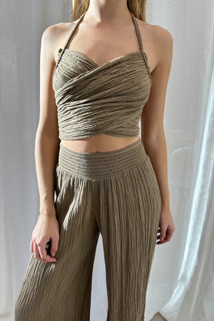 Penelope Top Mocha/Gold by D'Artemide, elegant cotton halter neck with rope detailing and ruched back, a trendy piece perfect for viral day-to-night styling.