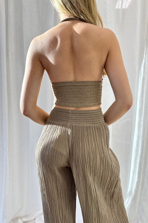 Penelope Top Mocha/Gold by D'Artemide, elegant cotton halter neck with rope detailing and ruched back, a trendy piece perfect for viral day-to-night styling.