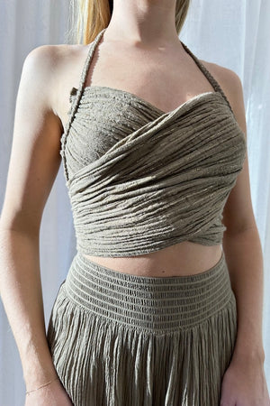 Penelope Top Mocha/Gold by D'Artemide, elegant cotton halter neck with rope detailing and ruched back, a trendy piece perfect for viral day-to-night styling.