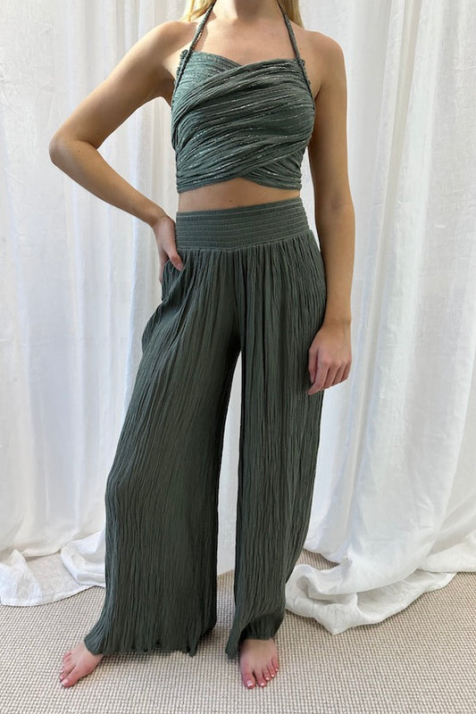 Penelope Top Khaki/Gold by D'Artemide, stylish cotton halter neck with rope detailing and ruched back, perfect for trendy and elegant day or evening wear.