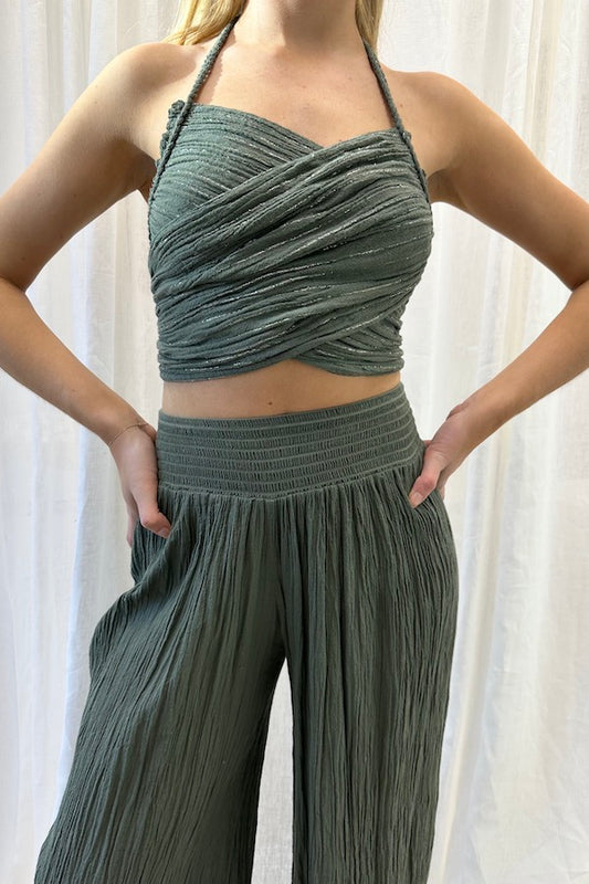 Penelope Top Khaki/Gold by D'Artemide, stylish cotton halter neck with rope detailing and ruched back, perfect for trendy and elegant day or evening wear.