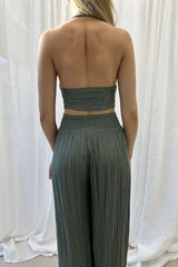 Penelope Top Khaki/Gold by D'Artemide, stylish cotton halter neck with rope detailing and ruched back, perfect for trendy and elegant day or evening wear.